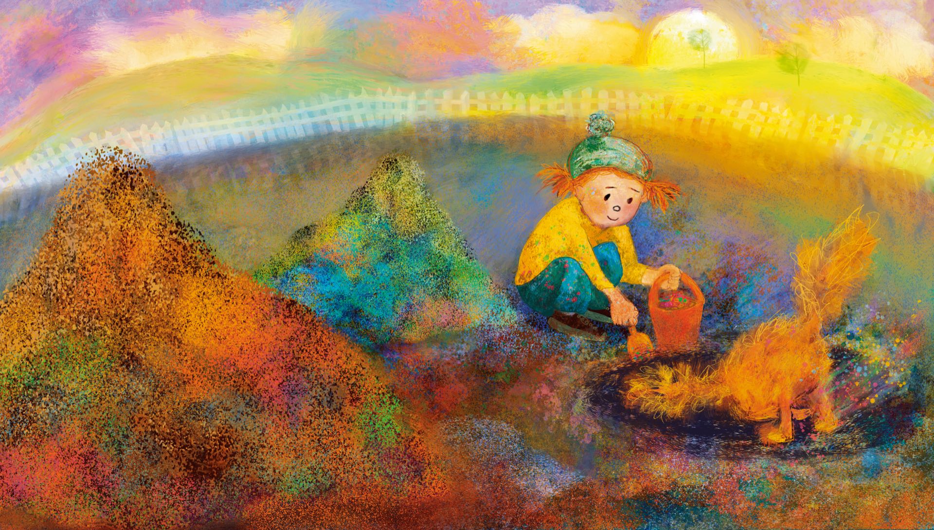 A painting of a child in a green woollen hat kneeling with a red bucket and trowel beside a fox, on a hillside of brightly coloured earth below a white picket fence and a rising sun