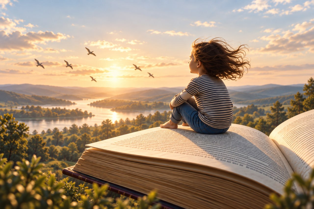 A child sitting on the pages of a giant open book, looking out over a river valley at sunrise